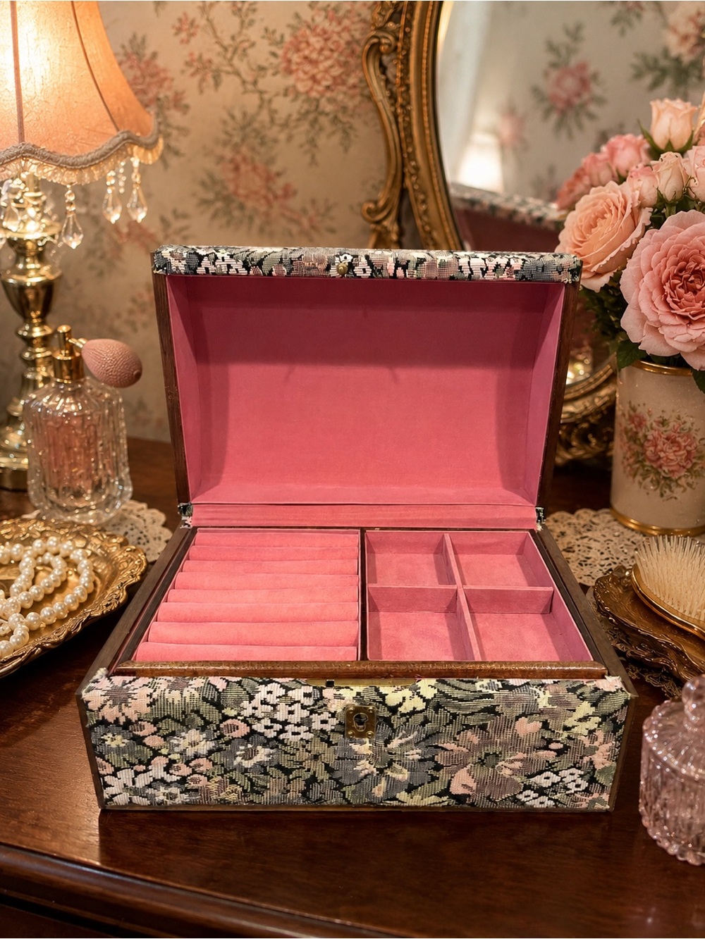 Vintage Mele Floral Tapestry Jewelry Box Pink Velvet Lined Lift-Out Tray